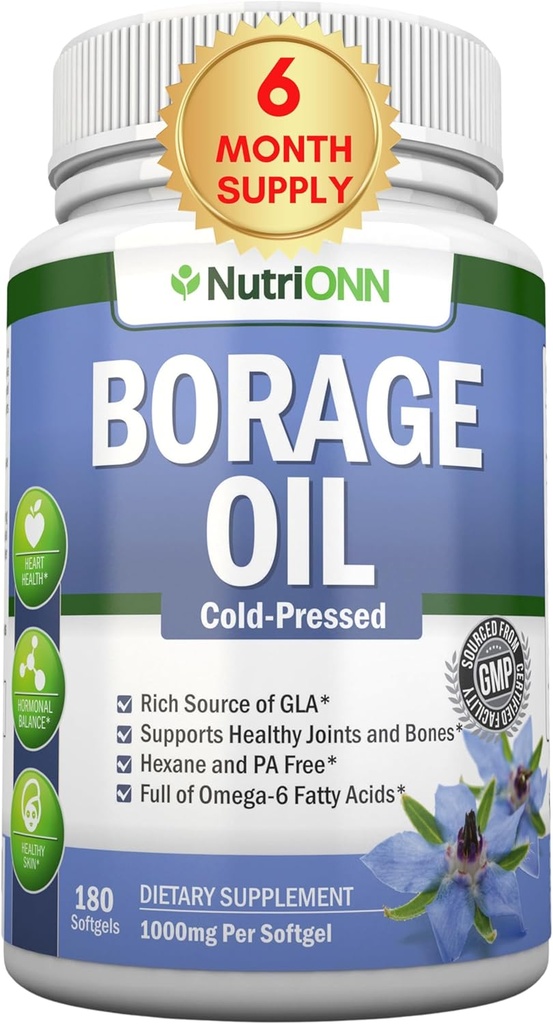 Borage Oil - 1000 mg - 180 Softgels - Cold Pressed High GLA Borage Seed Oil - Hexane og PA Free - Great for hud, hår og knogler.