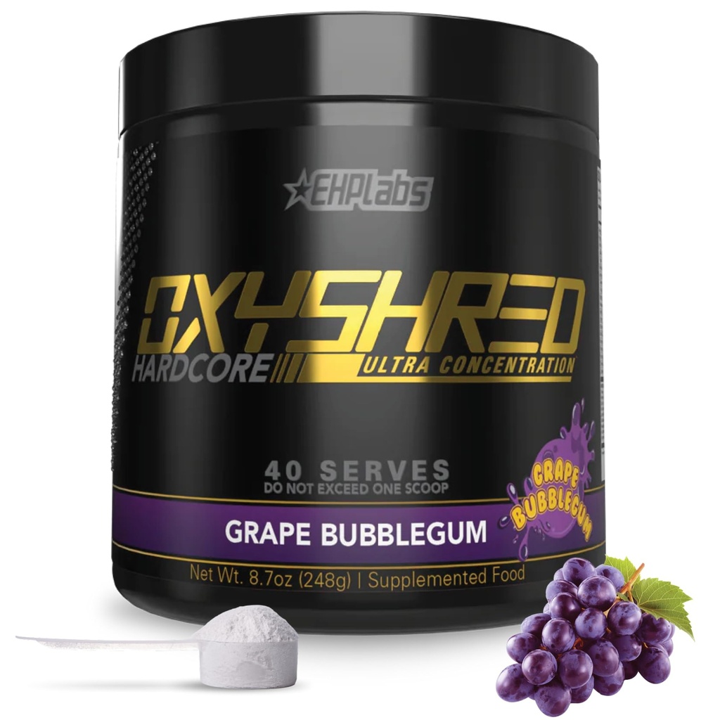 EHP Labs OxyShred Hardcore Super Dosed Pre Workout Powder - Preworkout Powder with L Glutamine & Acetyl L Carnitine, Energy Boost Drink - 275mg of Caffeine - Grape Bubblegum, 40 Servings