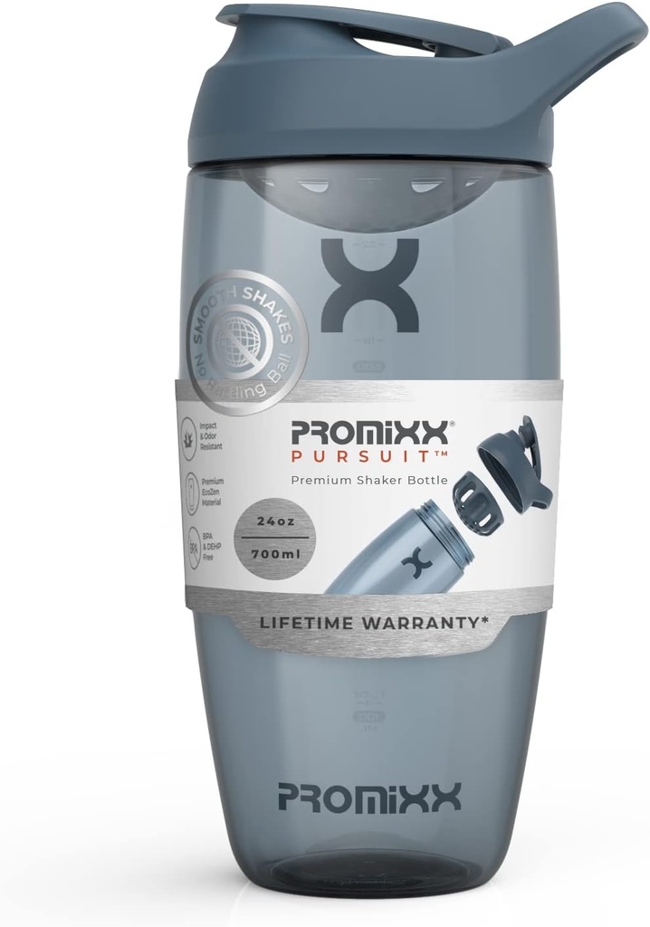 Promixx Pursuit Protein Shaker Flaske (24 oz) - Silent No- Ball Mixer, Leak- Proof Lid, BPA / BPS & Phthalate- Free ECOZEN - Easy- Clean Shaker Cup for Protein Shakes, Pre & Post- Workout Smoothies