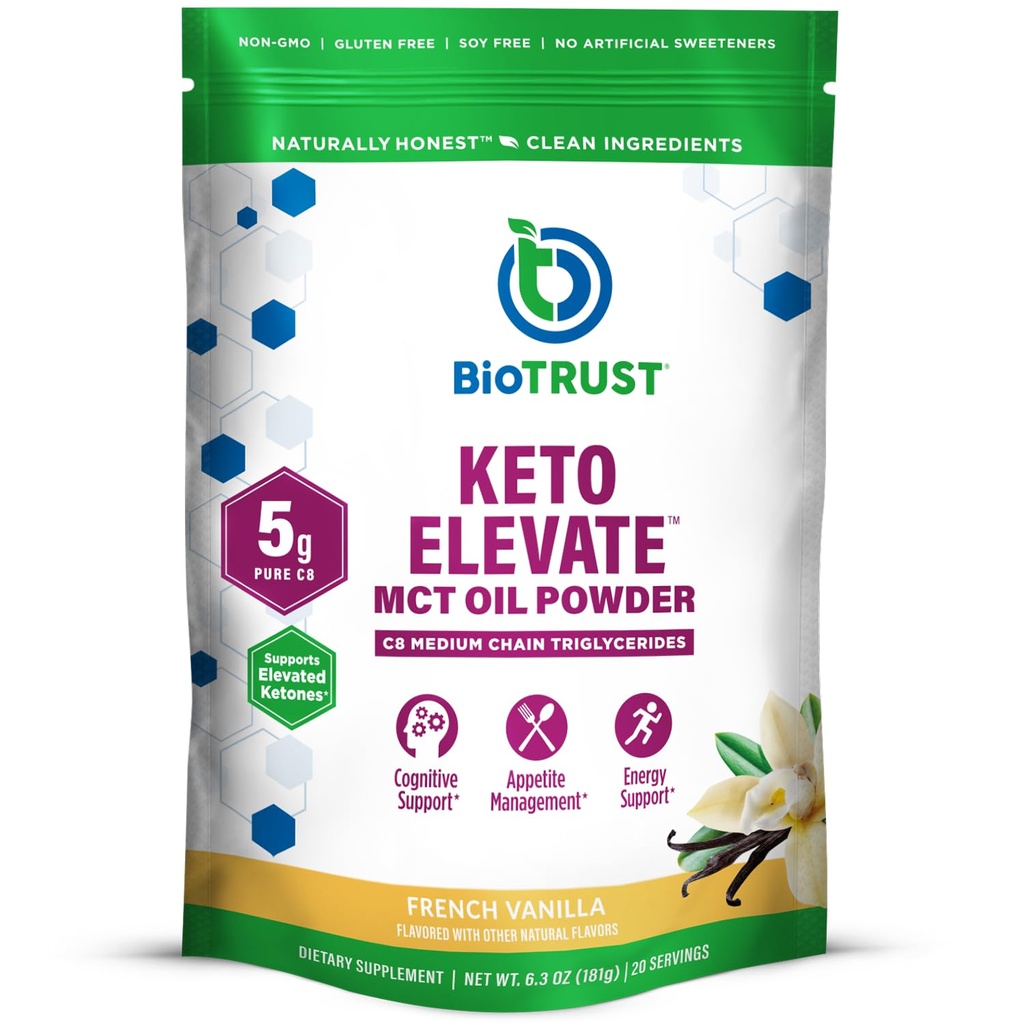 BioTrust Keto Elevate - C8 MCT Oil Powder - Ketogen MCT Coffee Creamer, Keto Coffee Creamer - Clean Energy, Mental Focus, Clarity -100% Captac Acid MCT Powder, Non- GMO (Fransk Vanilla, 20 Servere)