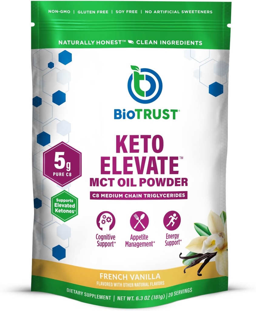 BioTrust Keto Elevate - C8 MCT Oil Powder - Ketogen MCT Coffee Creamer, Keto Coffee Creamer - Clean Energy, Mental Focus, Clarity -100% Captac Acid MCT Powder, Non- GMO (Fransk Vanilla, 20 Servere)