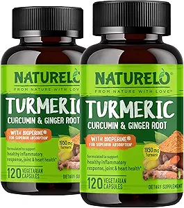 NATURELO gurkemeje Curcumin - BioPerine for Better Absorption - Black Pepper, Ginger Root, Curcuminoids - Plantbaseret fælles Discomfort Support - 120 Vegansk Kapsler (pakke med 2)