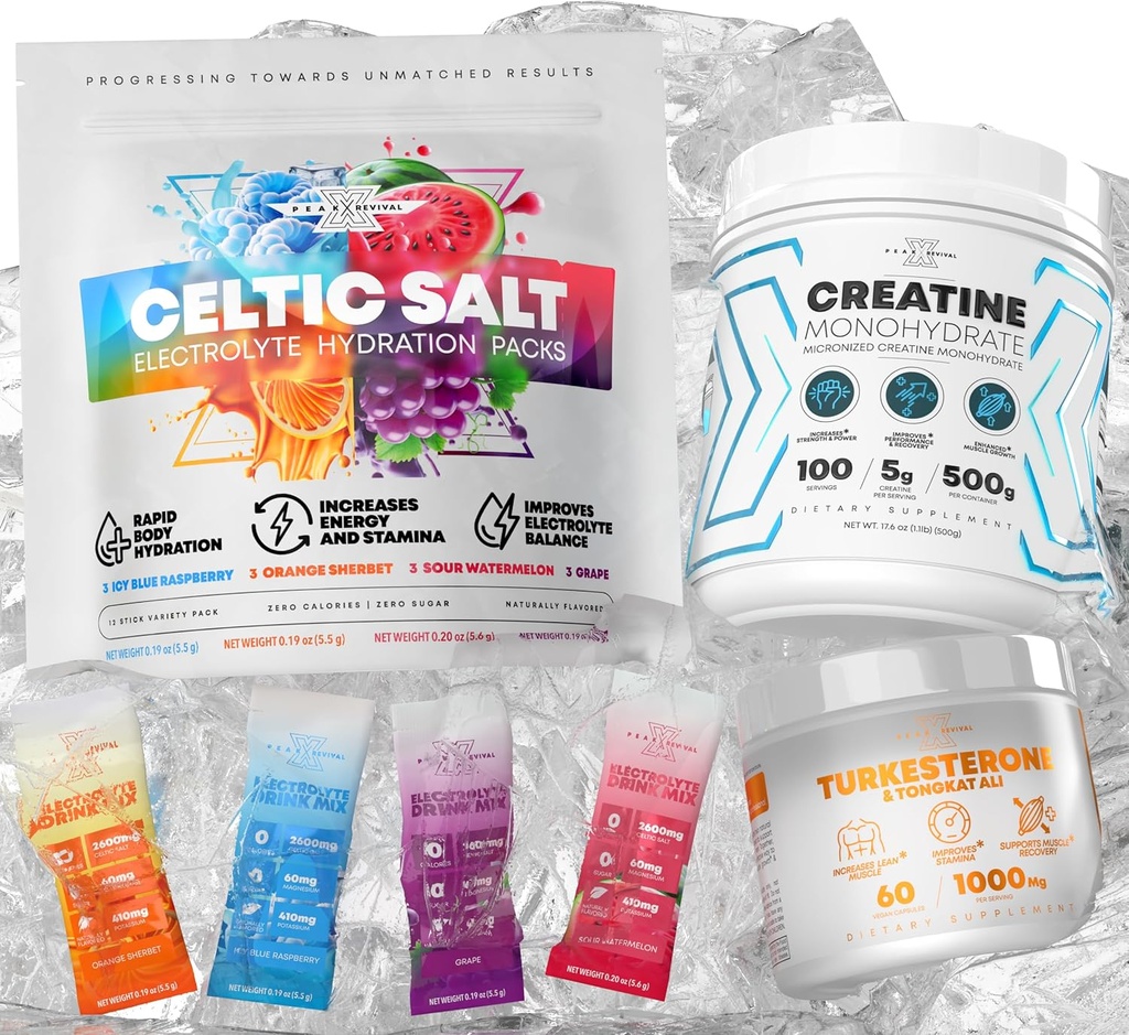 Celtic Salt Electrolytes Powder Packets + Creatin monohydrat Powder Supplement + Turkesteron & Tongkat Ali 1000mg Supplement