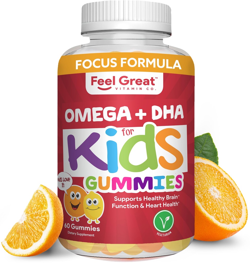 Feel Great Vitamin Co. Komplet DHA gummies for Kids ttesmå 124; med Omega 3 6 9 + DHA, C-vitamin 124; Understøtter sund hjernefunktion, Vision & Heart Health Medical 124; Gluten Free, Vegetar Medical 124; 60 Gummies