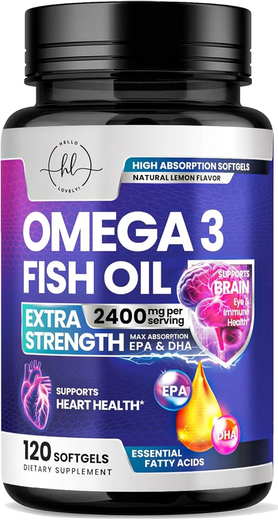 Omega 3 Fish Oil Supplements 2400mg - Triple Strength Omega 3 Fedtsyrer, Natural Heart Health Brain & Joint Support - Fedtsyrer med EPA & DHA - Vilde fanget Fish Oil Supplement - 120 Softgels