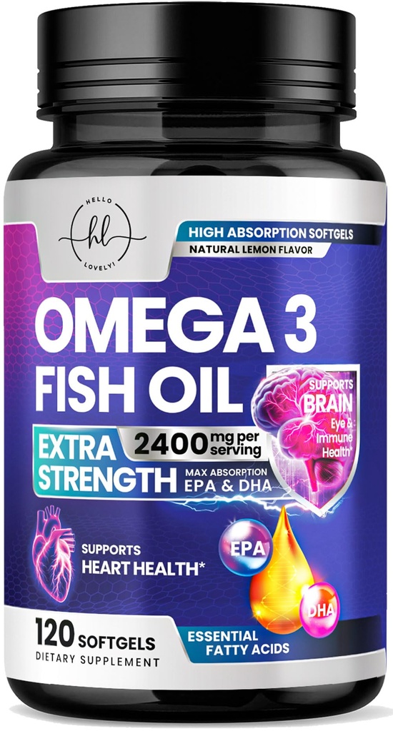 Omega 3 Fish Oil Supplements 2400mg - Triple Strength Omega 3 Fedtsyrer, Natural Heart Health Brain & Joint Support - Fedtsyrer med EPA & DHA - Vilde fanget Fish Oil Supplement - 120 Softgels