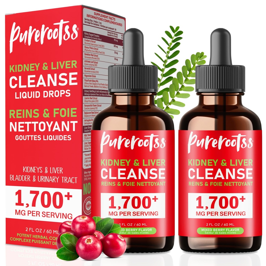 Kidney Cleanse Detox & Repair Drops Pack 2 – Chanca Piedra Stone Breaker Formula with Cranberry, Artichoke & Milk Thistle – Liver, Urinary Tract & Bladder Support – Mixed Berry Flavor