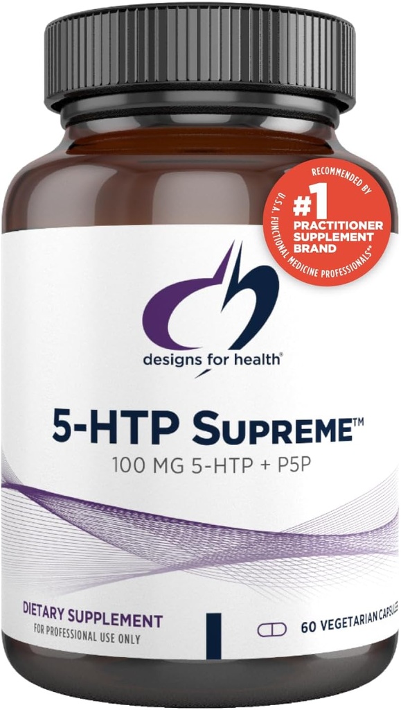 Design til sundhed 5- HTP 100mg med vitamin B6 (P- 5- P) - 5- HTP Supreme 100 mg supplement - Serotonin prækursorer til at hjælpe med at understøtte sund mood + Appetit (60 kapsler)