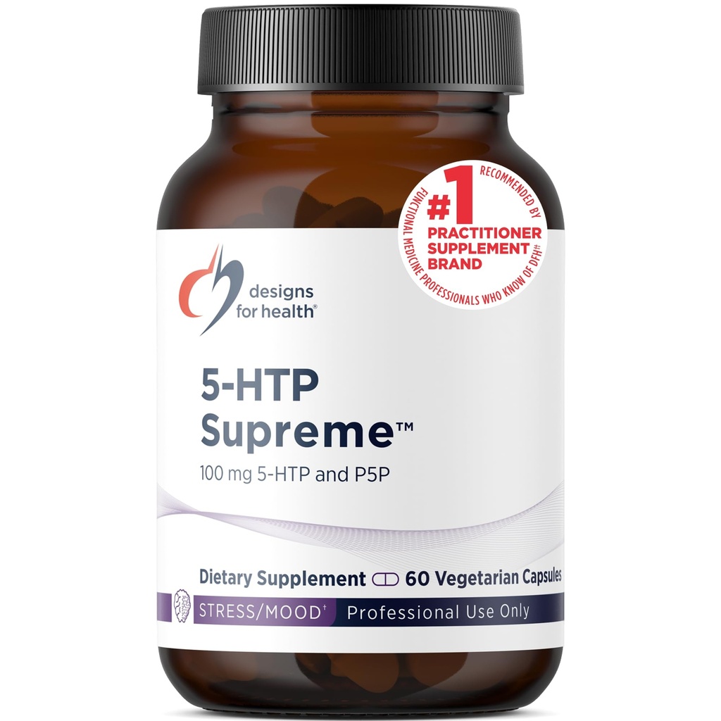 Design til sundhed 5- HTP 100mg med vitamin B6 (P- 5- P) - 5- HTP Supreme 100 mg supplement - Serotonin prækursorer til at hjælpe med at understøtte sund mood + Appetit (60 kapsler)