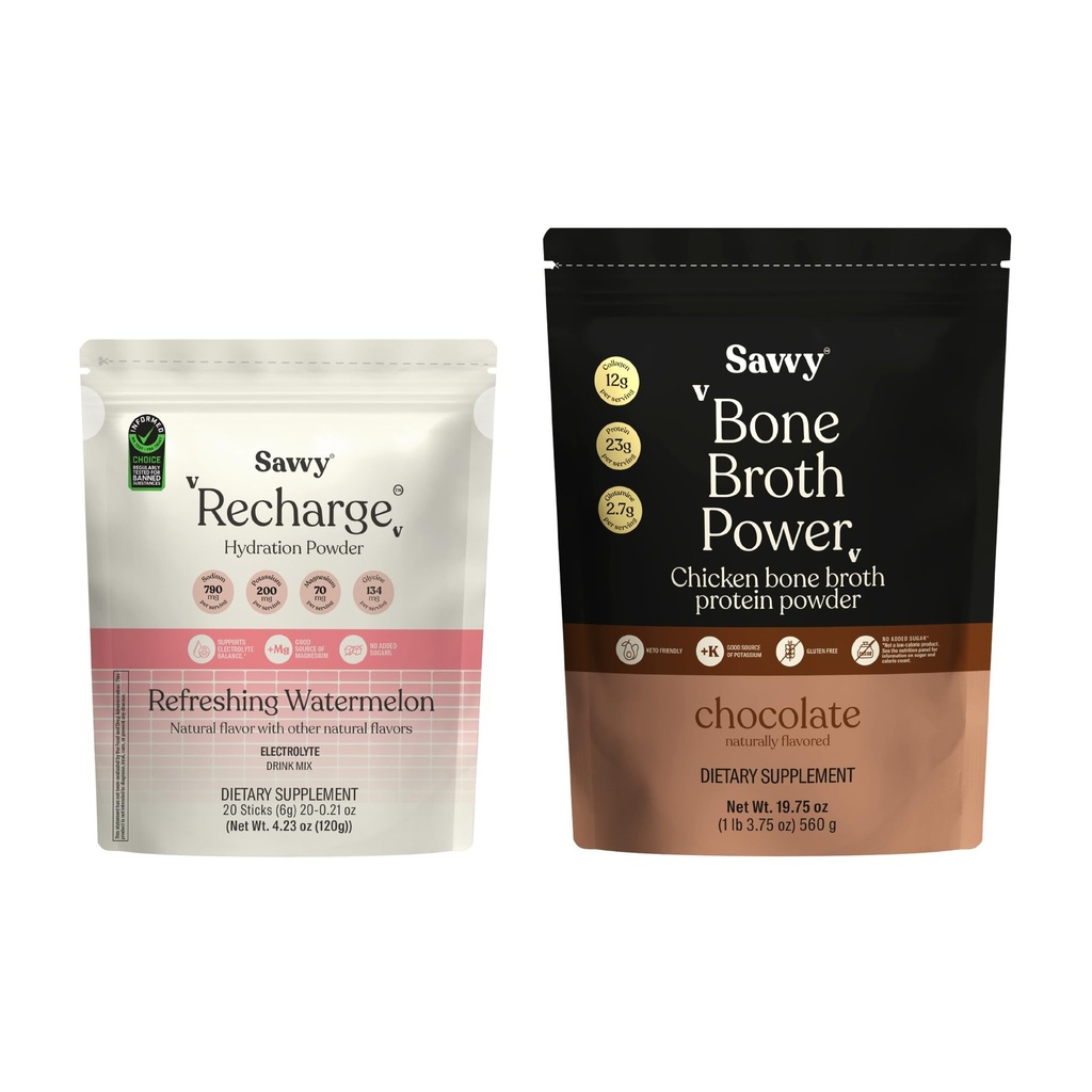 SAVVY Bone Broth Power Chocolate Protein Powder, 23g Protein, 12g Collagen & Recharge Electrolyte Powder, Sugar Free Conscious Hydration Drink with Sodium, Magnesium, Potassium, Glycine, Watermelon