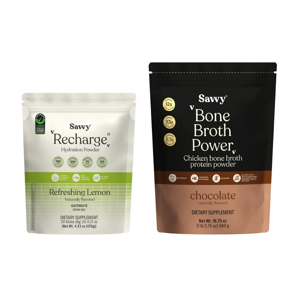 SAVVY Bone Broth Power Chocolate Protein Powder, 23g Protein, 12g Collagen & Recharge Electrolyte Powder, Sugar Free Conscious Hydration Drink with Sodium, Magnesium, Potassium, Glycine, Lemon Flavor