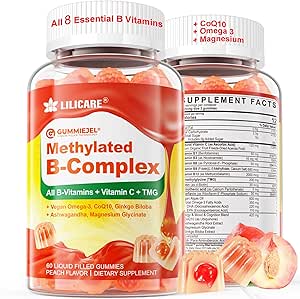 Super Methylerede vitamin B Complex Gummies - Alle B vitaminer + Omega-3, Magnesium, CoQ10, Ashwagandha, C-vitamin, TMG- For kvinder M1- methyl B12 2000 mcg, methylfolat, B1, B2, B3, B5, B6, B7 Sukker fri