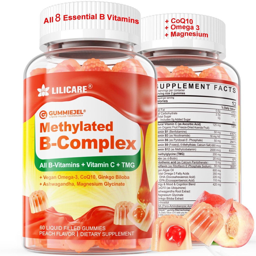 Super Methylerede vitamin B Complex Gummies - Alle B vitaminer + Omega-3, Magnesium, CoQ10, Ashwagandha, C-vitamin, TMG- For kvinder M1- methyl B12 2000 mcg, methylfolat, B1, B2, B3, B5, B6, B7 Sukker fri