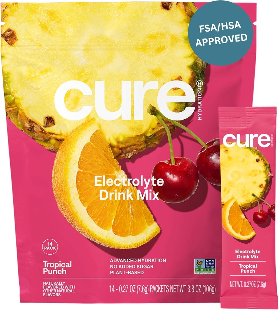Cure Hydration • 124; Plantbaseret elektrolytdrik • 124; Ingen tilsat sukker • 124; FSA- HSA • 124; Dehydrering • Hjælpepulver fremstillet med kokos • 124; ikke- GMO • 124; Vegan • 124; Pouch af 14 Pakker - Tropical Punch