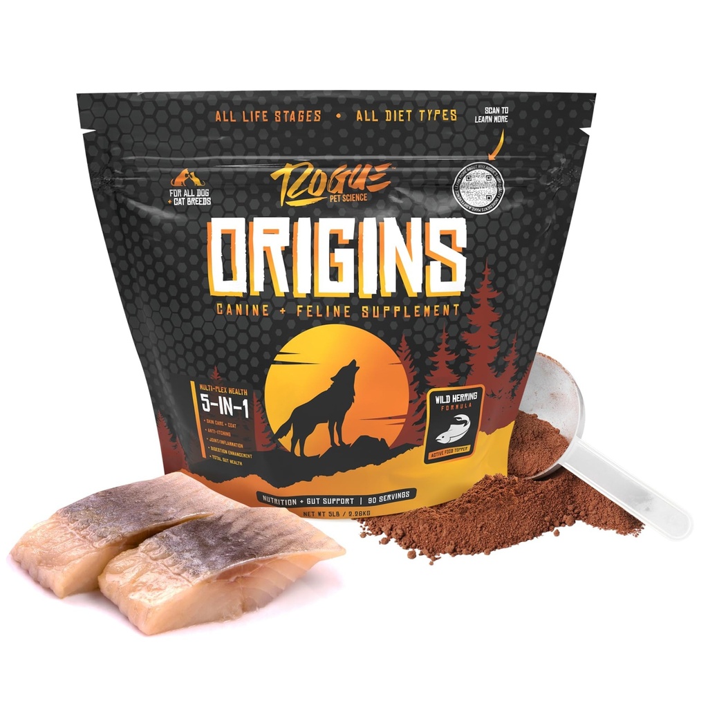 ROGUE PET VIDENSKAB Oprindelse 5- in-1 Hund supplement - pulveriseret mad Topper w / Natural Omega 3 Fish Oil - Understøtter sund fordøjelse, hud, og Coat - Hjælper med at reducere kløende & fælles inflammation (5 lbs)