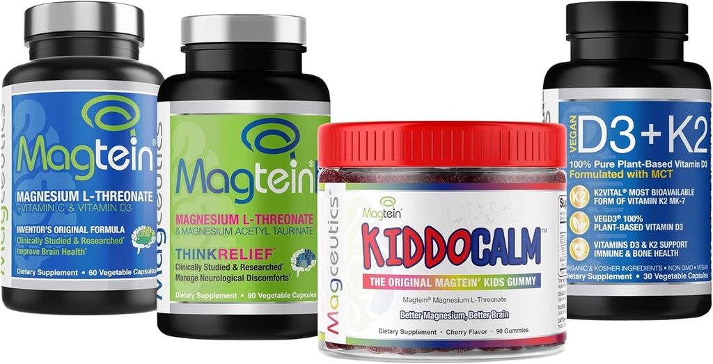 Magtein Magnesium L- Threonate 60 kapsler, Magceutics MagteinPRO 90 kapsler, KIDDOCALM gummies 90 kapsler, D3- vitamin K2 30 kapsler - Bundle