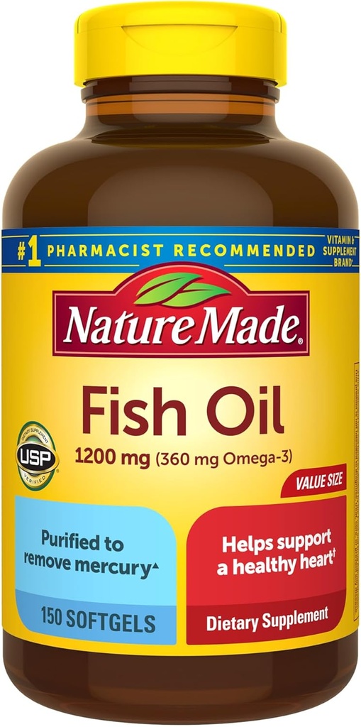 Nature Made Fish Oil Omega 3 Kosttilskud, 1200 mg Softgels, Omega 3 Fish Oil for Sund Heart Support, 150 Softgels, 75 Day Supply
