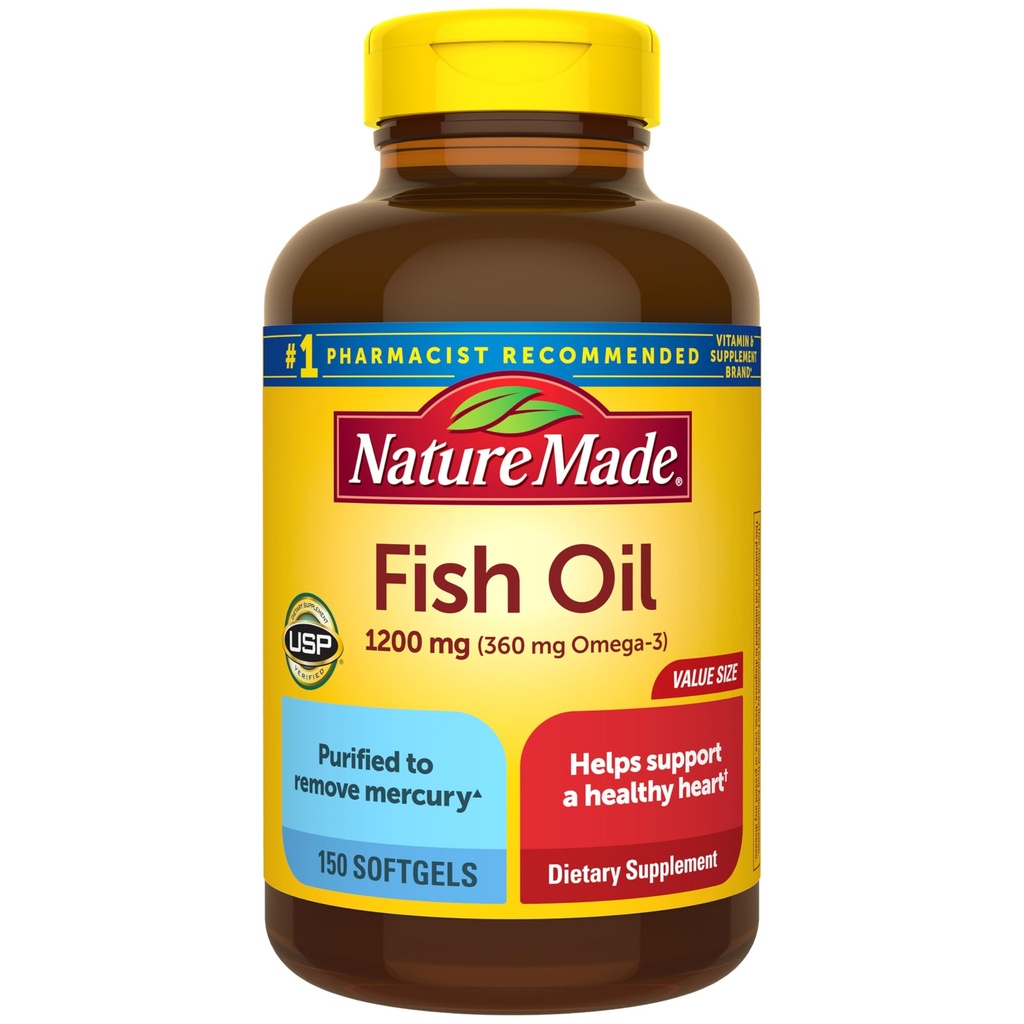 Nature Made Fish Oil Omega 3 Kosttilskud, 1200 mg Softgels, Omega 3 Fish Oil for Sund Heart Support, 150 Softgels, 75 Day Supply