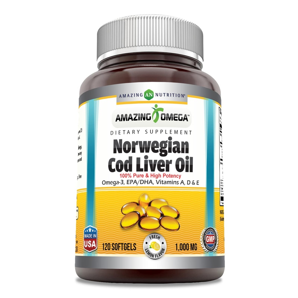Amazing Omega Norwegian Cod Liver Oil 1000 Mg Softgels Supplement | Omega-3, EPA, DHA, Vitamin A, D & Vitamin E (Lemon | 120 Count)