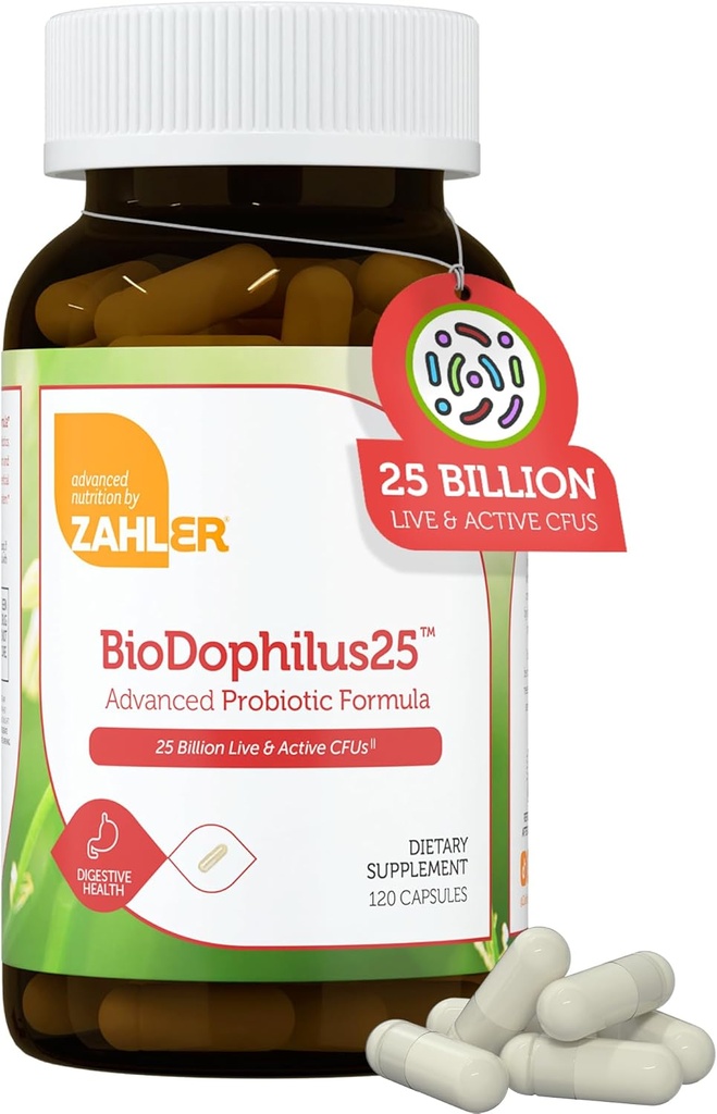 Zahler Biodophilus25, 25 Millioner CFU Probiotic + Prebiotic - 11 Strops Daily Probiotic Supplement - Kosher Probiotika til kvinder for fordøjelsessygdomme, Probiotika til mænd for Gut Health (120 Kapsler)