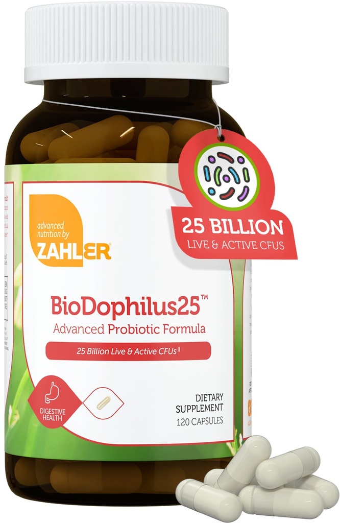 Zahler Biodophilus25, 25 Millioner CFU Probiotic + Prebiotic - 11 Strops Daily Probiotic Supplement - Kosher Probiotika til kvinder for fordøjelsessygdomme, Probiotika til mænd for Gut Health (120 Kapsler)