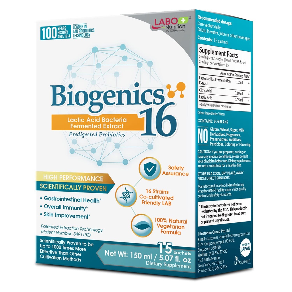 Laboo Nutrition Biogenics 16- Lactic Acid Bacteria Fermented Extract, 1000x mere effektiv, Gut Health Support Beyond Probiotika & Prebiotika, Forbedre Intestinal hud og immunforsvar Sundhed, 10mlx15 breve