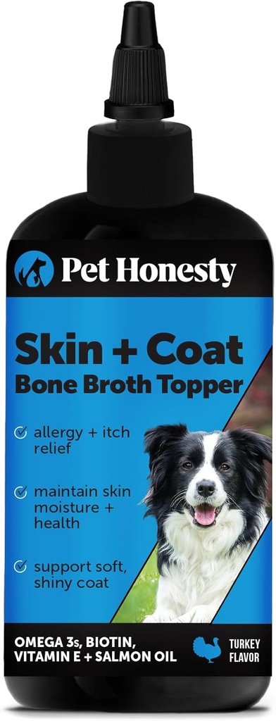 Pet Ærlighed Hund Hud og Coat Supplement med lakseolie til hunde - Allergi Itch Relief + Hud & Coat Sundhed, Hundemad Topper Bone Broth med lakseolie, Collagen, Biotin + Vitamin E (12 oz)