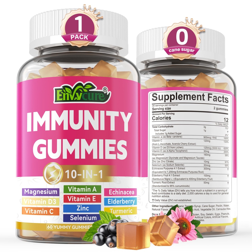 10 i 1 immunsupport Gummies, w / Echinacea, Elderberry C-vitamin og zink, Selenium, D3 5000IE, Magnesium, Daglig immunbooster Multivitamin, for Antioxidant Bone Energy, 1 pakke
