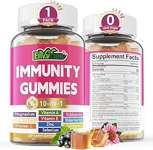 10 i 1 immunsupport Gummies, w / Echinacea, Elderberry C-vitamin og zink, Selenium, D3 5000IE, Magnesium, Daglig immunbooster Multivitamin, for Antioxidant Bone Energy, 1 pakke