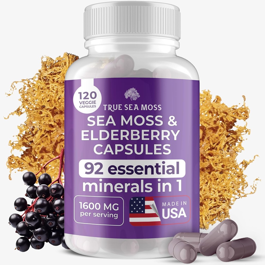 TrueSeaMoss Irish Sea Moss Kapsler - 120 Elderberry Kapsler (1600 mg) - Prebiotic Superfood - Boosts Immunsystemet - Sund hud, Keto Detox, Gut, fælles støtte