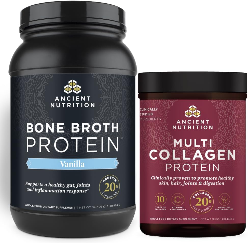 Ancient Nutrition Bone Broth Protein Powder, Vanilla, 40 Servere + Multi Collagen Protein Powder, Unflavored, 45 Servere