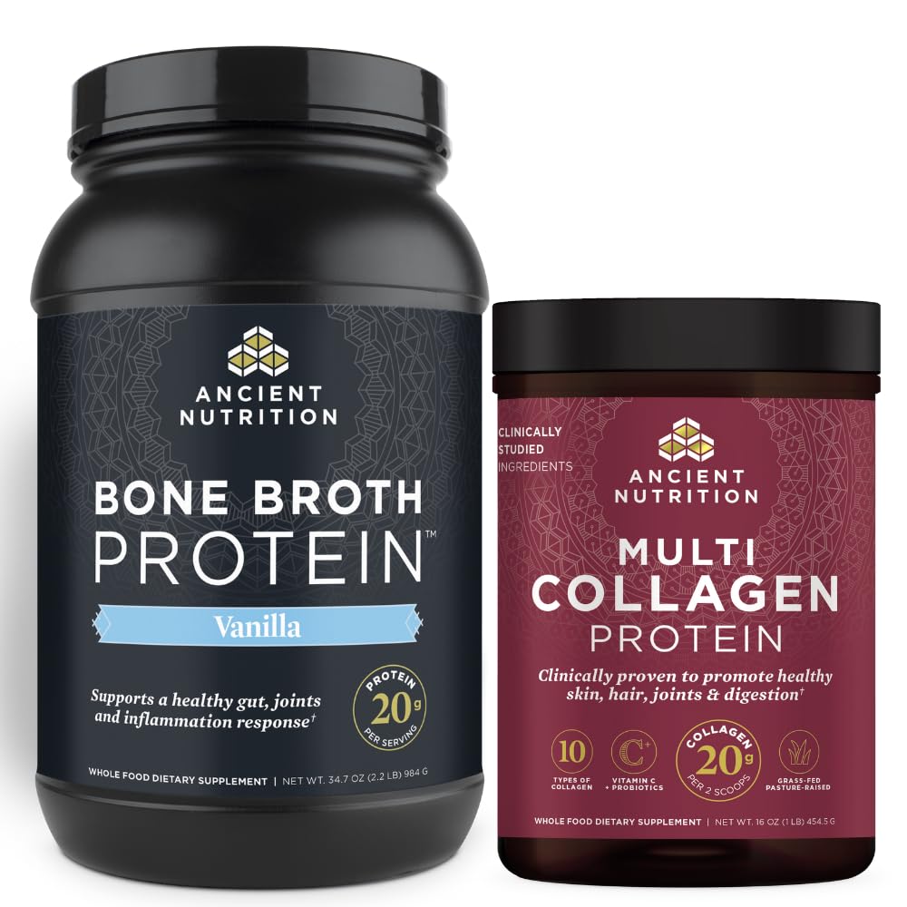 Ancient Nutrition Bone Broth Protein Powder, Vanilla, 40 Servere + Multi Collagen Protein Powder, Unflavored, 45 Servere