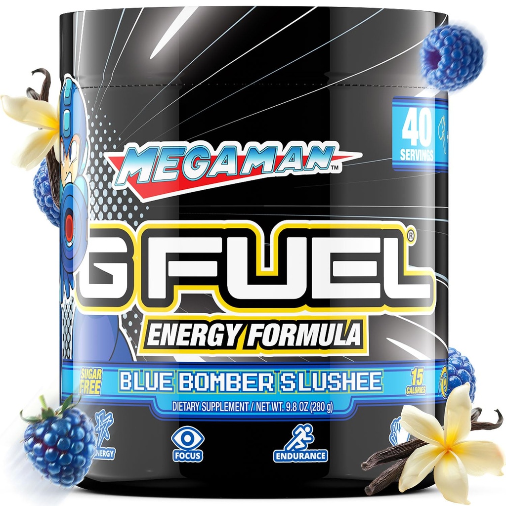 G Brændstof Megaman Energy Drink Powder, Pre Workout Koffein Mix til Gaming, Sugar Free Focus Amino, Vitamin + Antioxidanter, 9.9oz (Blue Slushee, 40 Servere)