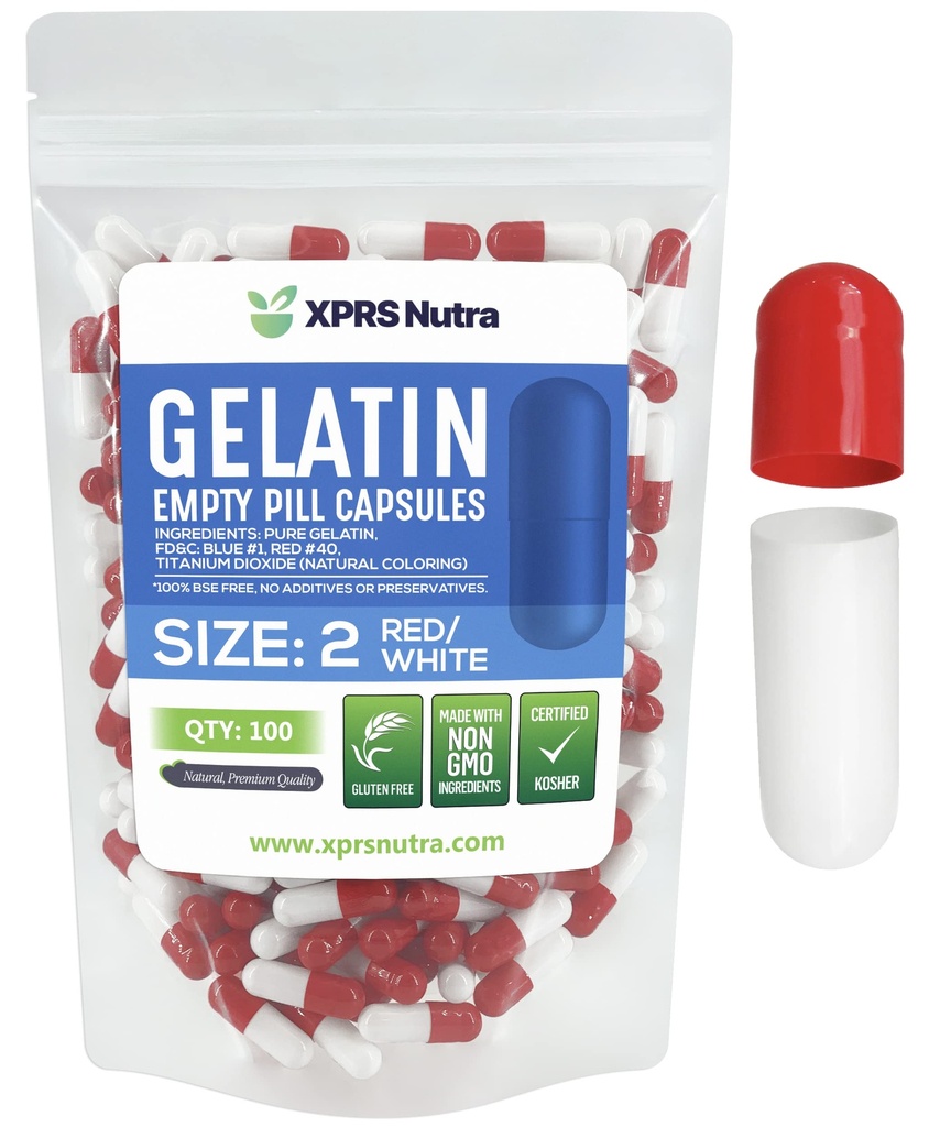 XPRS Nutra Størrelse 2 Tomme kapsler - 100 Greve Tomme Gelatine kapsler - Piller gør det selv Capsule Fyldning - Pure Bovin Pille Gel Caps til Do- It- Yourself Kosttilskud (rød / hvid)