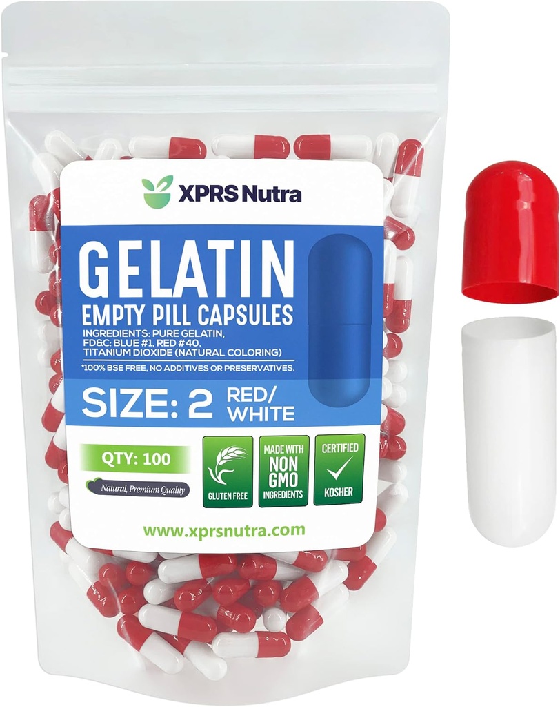 XPRS Nutra Størrelse 2 Tomme kapsler - 100 Greve Tomme Gelatine kapsler - Piller gør det selv Capsule Fyldning - Pure Bovin Pille Gel Caps til Do- It- Yourself Kosttilskud (rød / hvid)