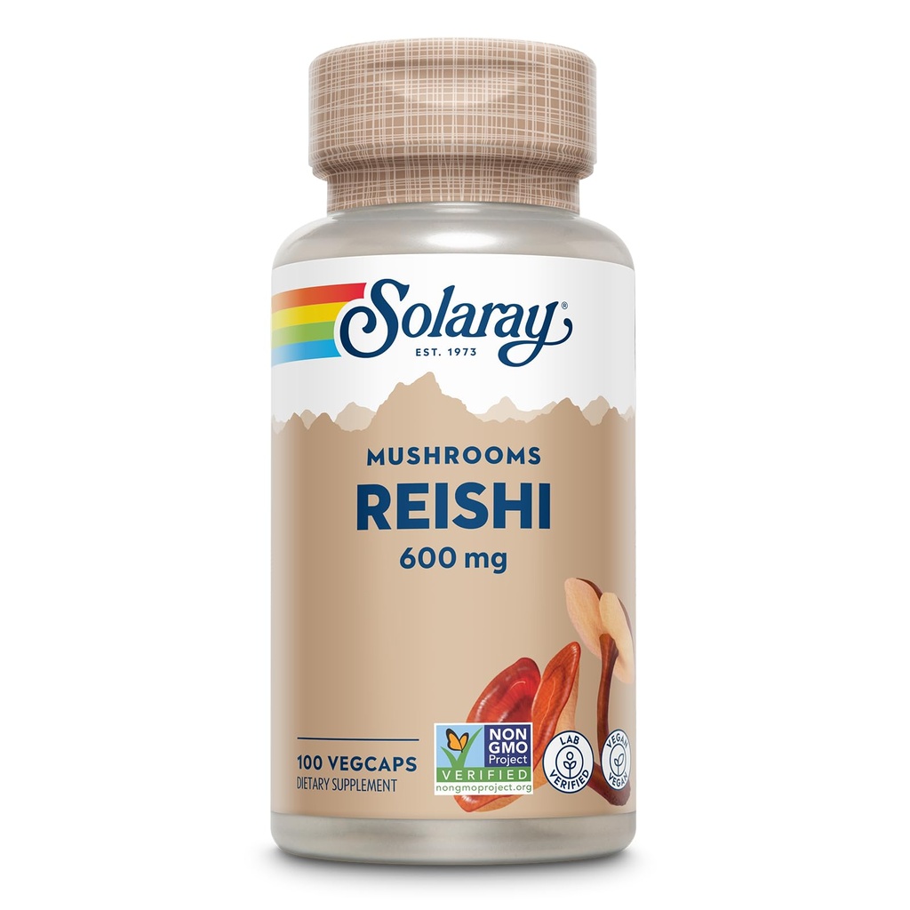 SOLARAY Reishi Mushroom 600mg - Reishi Mushroom kapsler til immunforsvar - Vegan, Lab Verified - 60- Day Money- Back Garanti - 100 Servere, 100 VegCaps