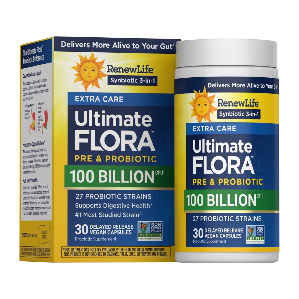 Renew Life Ultimate Care Probiotic Capsules, Daily Supplement Supports Respiratory, Digestive and Immune Health, L. Rhamnosus GG, Dairy, Soy and gluten-free, 100 Billion CFU, 30 Count