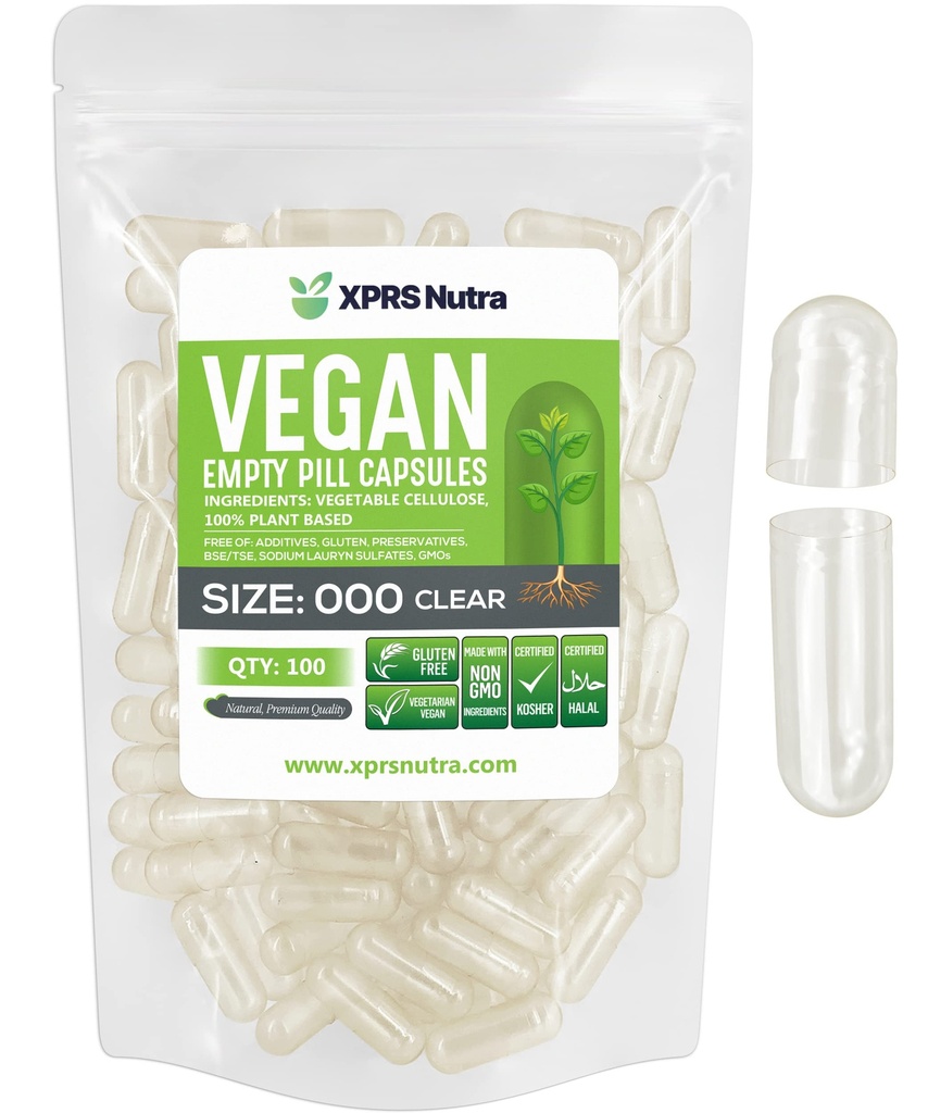 XPRS Nutra Vegan Størrelse 000 Tomme kapsler - 100 Grev Tomme Veganske kapsler - Vegetarisk Pill - DIY Vegetabilsk Kapsel Fyldning - Veggie Caps piller