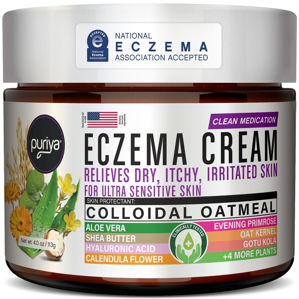 Puriya 5-in-1 Eczema Cream for Kids, Baby, Toddler, Adults, Advanced Colloidal Oatmeal Lotion for Dry, Itchy Skin Relief on Face and Body, Clinically Tested, Intensive Moisturizing Eczema Treatment