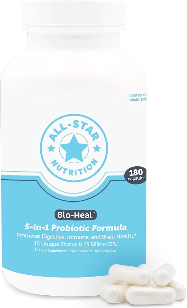 5- in-1 Bio- Heal ® Probiotiske kapsler til børn, mænd og kvinder - Bedste supplement til hjernefunktion, Gut Sundhed & Forstoppelse - Hylde Stabil & Forstærket med vitaminer, mineraler og Prebiotika
