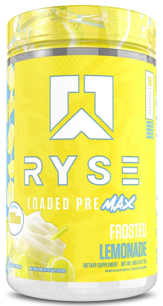 Ryse Loaded Pre Max Pre Workout Powder - Frosted Lemonade - 300mg Dual-Phase Caffeine for Sustained Energy for Men & Women - L-Citrulline, PeptiPump & Alpha-GPC for Power, Pumps & Focus - 25 Servings