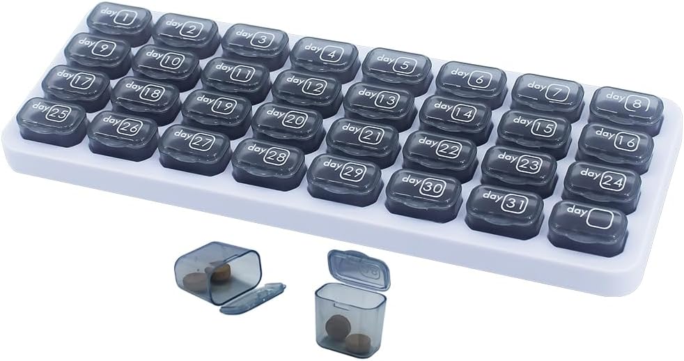 Månedlig Pill Organizer, Stor rejse Pill Box 31 Dag, Daily Pill Case, Pill Holder Container for Vitamin, Medicin, tillæg, Fish Oil, Grey