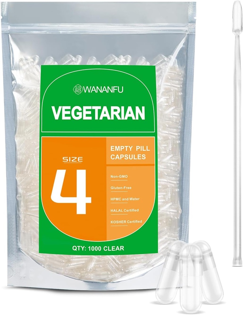 wananfu størrelse 4 tomme kapsler Vegetarisk (500 greve) Bundle med 2 Micro Lab skeer, Clear Fillable Veggie piller kapsler størrelse 4 til at lave dine egne kosttilskud