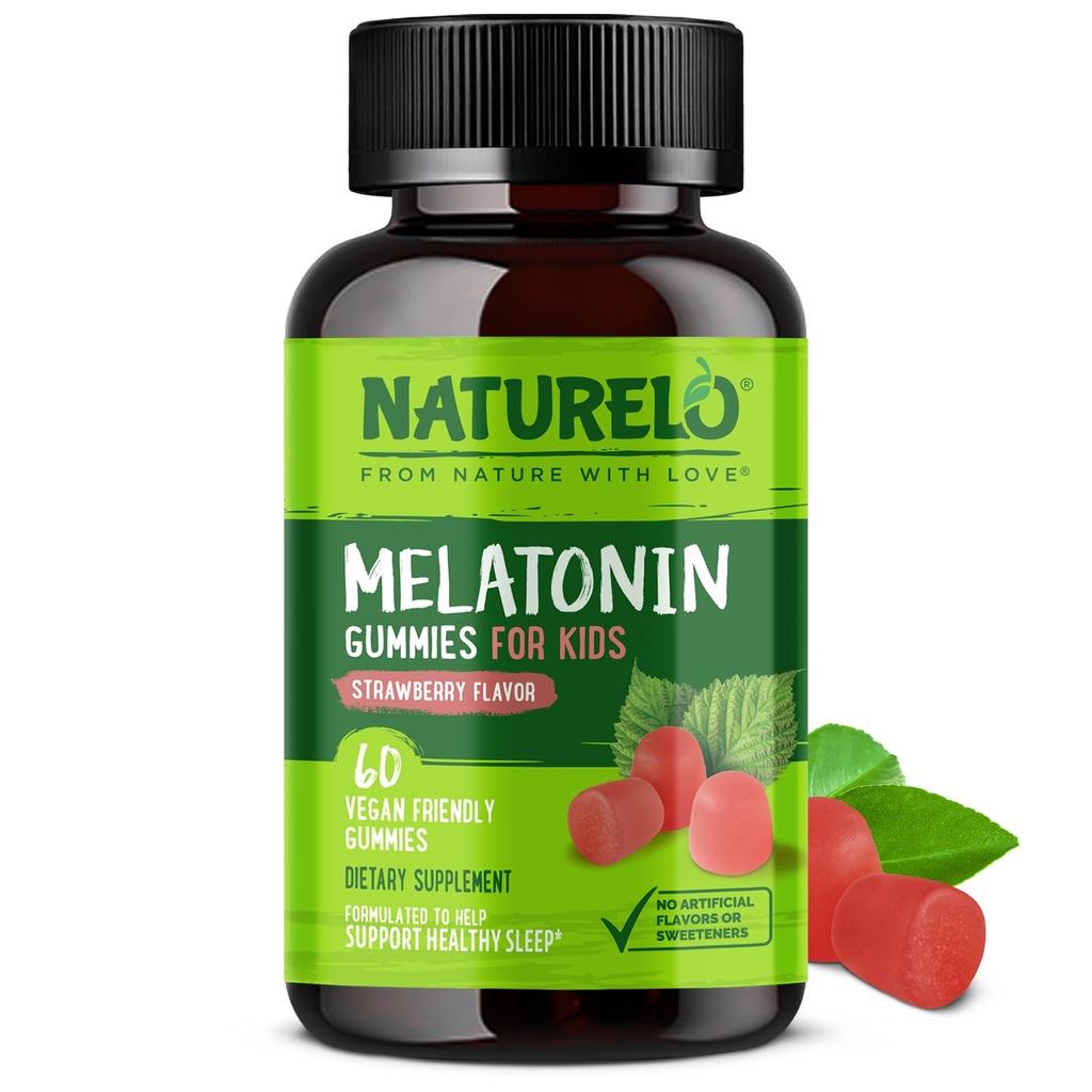 NATURELO Melatonin Gummies for Kids Non-GMO, Glutenfri, Soy Free - Strawberry Flavor - Gentle Sleep Supplement - 60 Vegetarisk Gummies