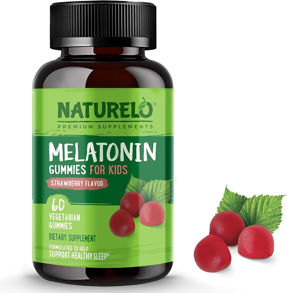 NATURELO Melatonin Gummies for Kids Non-GMO, Glutenfri, Soy Free - Strawberry Flavor - Gentle Sleep Supplement - 60 Vegetarisk Gummies
