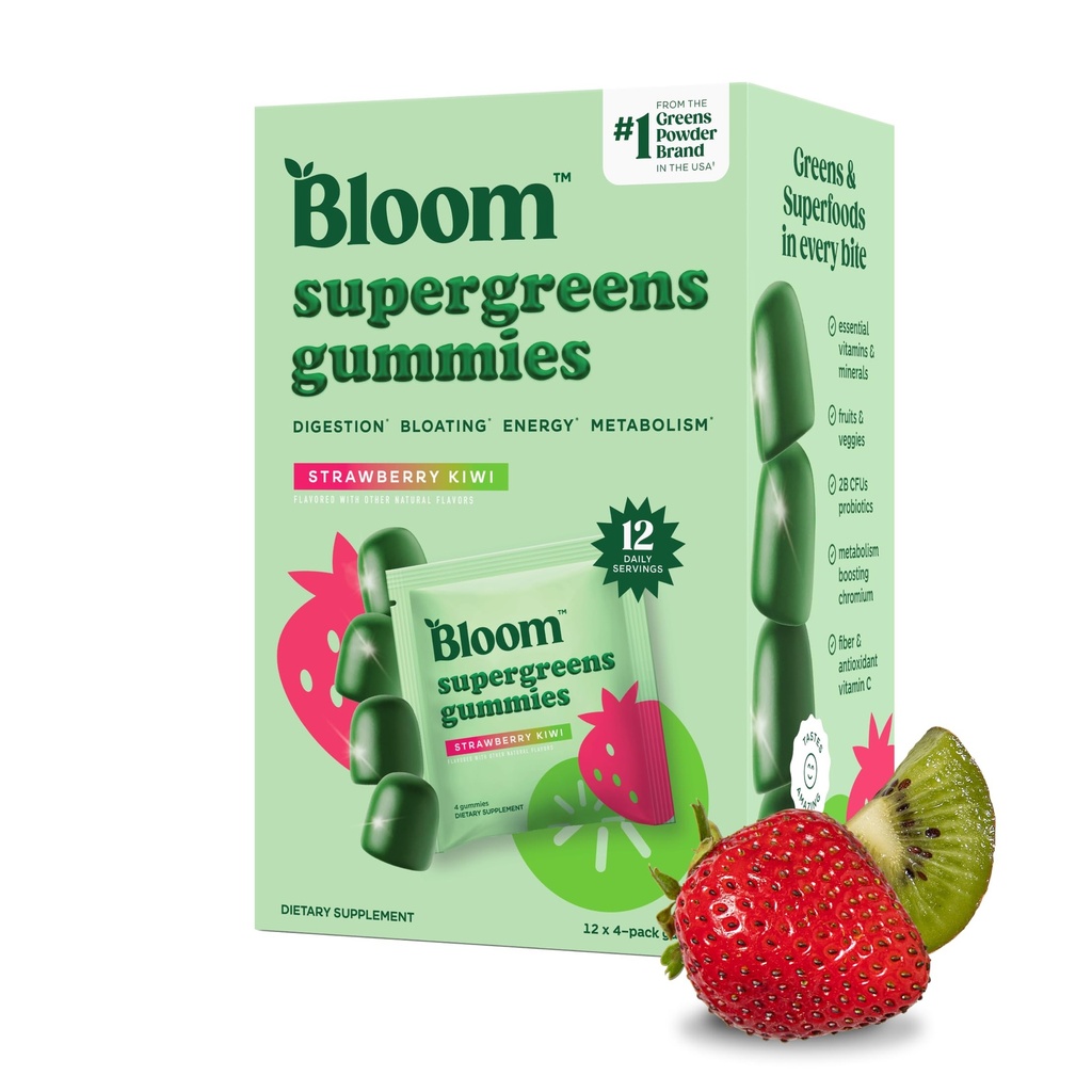 Bloom Super Greens Gummies, Daily Greens Superfood Fiber Gummies with Fruits, Vegetables, Vitamins & Minerals for Digestive & Gut Health, Bloating Support, Strawberry Kiwi, 12 Servings (48 Total)