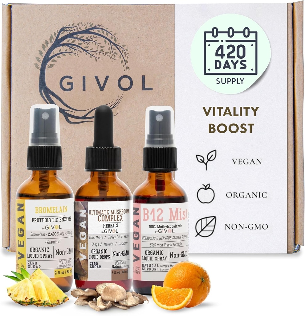 Vitality Boost Bundle Liquid Spray - Ultimate Mushroom Complex, Bromelain, B12 Methylcobalamin - Complete Multivitamin - Plant- baseret, non-GMO, Gluten Free, Sugar Free 2 Fl Oz (420 dages forsyning)