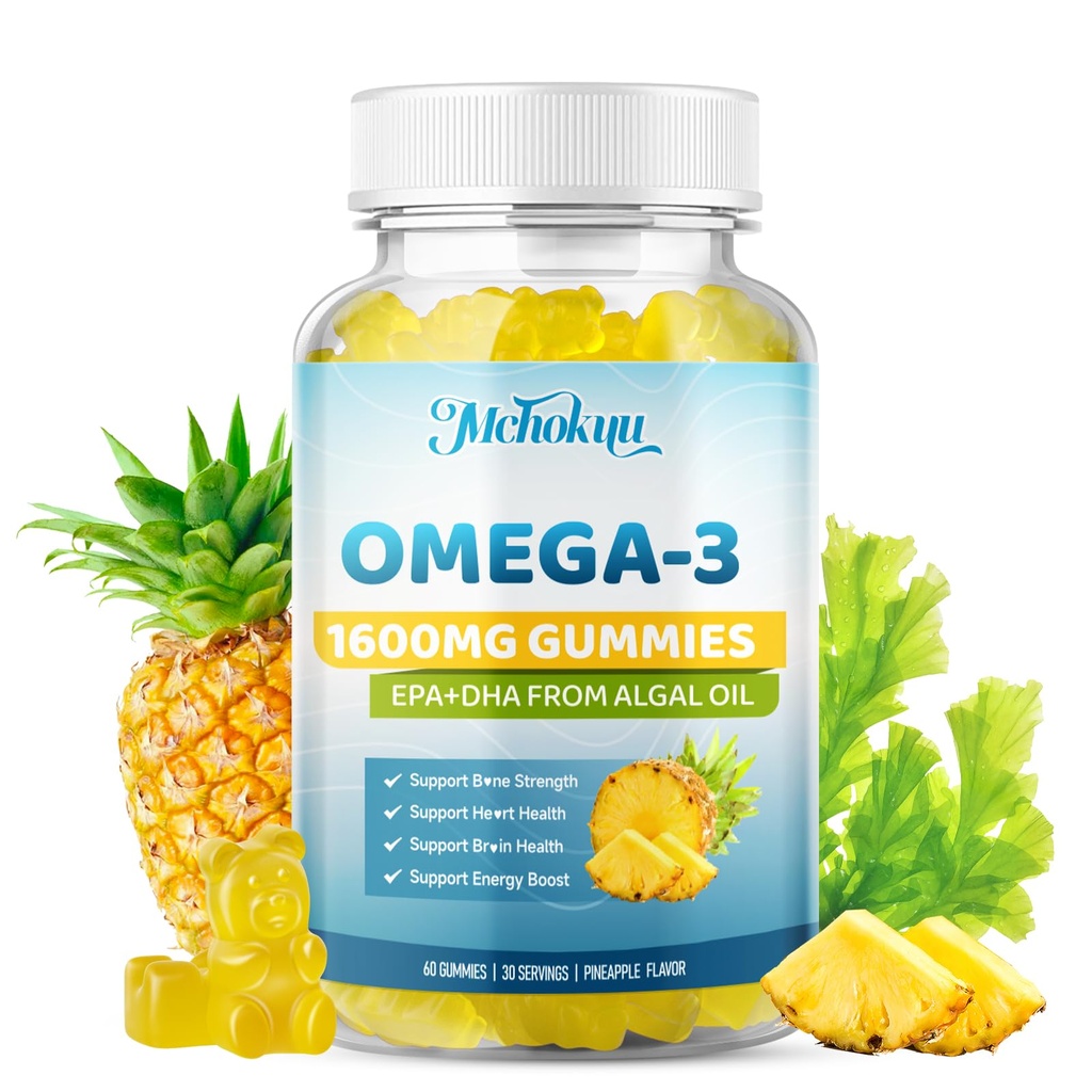 Vegan Omega-3 Gummies 1600mg EPA & DHA from Algal Oil, Fish Oil Alternative for Adults & Kids, Omega 3 Supplement with Vitamin D3 K2 for Brain, Eye & Immune Health Sugar Free Pineapple, 60 Count