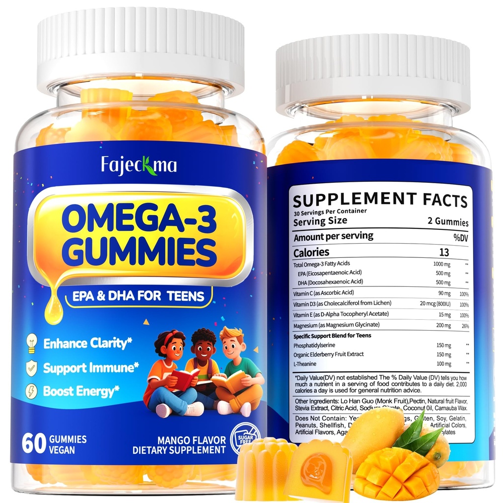 Omega-3 1000MG Gummies for Teen: Vegan Alternative to Fish Oil Omega 3 Supplements with Algae Omega 3 EPA DHA Vitamin D3 C Magnesium Elderberry - Teen Vitamins Omega3 Supplement(120Count)