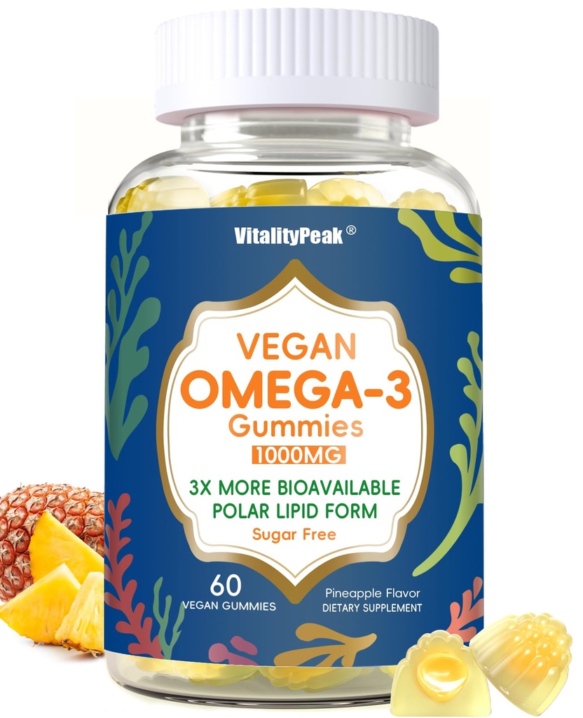 Vegan Omega 3 Gummies 1000mg - Algae Omega 3 Supplement for Women & Men with CoQ10, Vitamin D3, K2 & Turmeric - Fish Oil Alternative for Adults with DHA EPA for Brain, Eye- Sugar Free, 60 Count